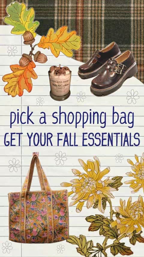 The image features a collage-style composition. A plaid background dominates the top, transitioning to a weathered white wood-look backdrop. The composition is punctuated by a collection of autumnal elements: stylized fall leaves and acorns, a lit candle, a pair of brown leather shoes on a white surface, and a patterned shopping bag. The text overlay 'pick a shopping bag GET YOUR FALL ESSENTIALS' is centrally positioned, inviting the viewer to consider the selected items for the autumn season and is consistent with the aesthetic of the frame.