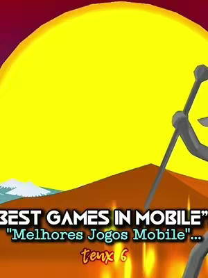 The image displays text overlayed on a stylized landscape. A large yellow sun dominates the background, with ochre-colored hills in the foreground. A stick figure with a staff stands in front of the hills. Text at the bottom, reads "BEST GAMES IN MOBILE" in English and Spanish. The overall composition is simple with bright colors.