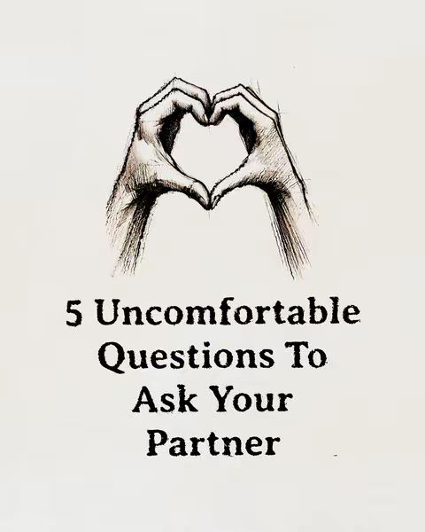 The image is a simple illustration on a light background. Two hands are positioned to form a heart shape. Underneath, the text reads: "5 Uncomfortable Questions To Ask Your Partner."