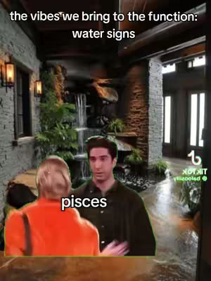 The image features two men from the TV show Friends in an indoor setting. The background shows a stone wall and some greenery, evoking a natural, waterfall-like scene. Text overlays state phrases. The composition is straightforward with the subjects centrally placed.