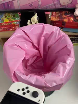 A close-up shot shows a pink plastic trash bag filling the frame. A Nintendo Switch controller sits in the foreground, and the background features a shelf with books and decorations.