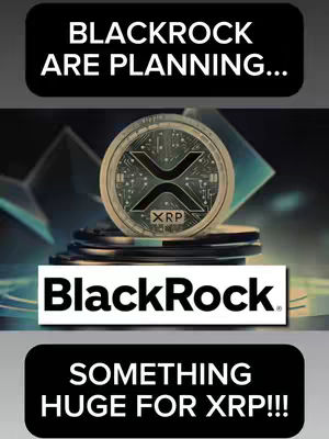 The image is composed of a black background with text overlayed in white, featuring a silver XRP coin on a stack of coins. The BlackRock logo is prominently displayed. The image has a clean and modern layout, designed to draw attention to the central XRP coin. The use of black and white and the prominent logo lends an air of official and business-related.