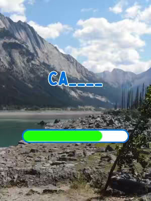 The image features a scenic outdoor landscape, possibly a mountain range, with a lake in the foreground. The sky is blue with scattered clouds. Overlayed on the image are the letters "CA____" in blue font, which might be part of a quiz or game, and a progress bar.