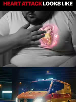The image is split into two sections. The top half is a grayscale shot of a man's torso wearing a white t-shirt. A glowing, animated human heart is superimposed over his chest. The bottom half of the image shows an ambulance driving at night with the headlights and lights on.