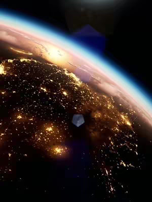 An illustration of Earth from space at dawn or dusk, with city lights visible on the landmasses. A geometric, possibly man-made, object hovers near the planet. The overall effect is a blend of digital art and a futuristic or tech theme.