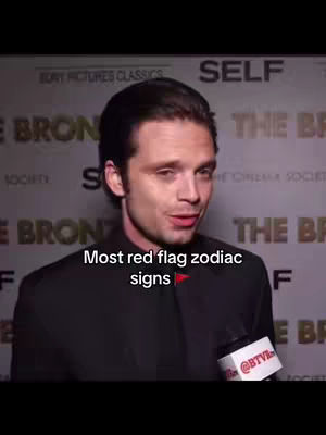 The cover image shows a medium shot of Sebastian Stan, speaking into a microphone. Behind him is a wall with the words "Self" and "the bronx" on it. The text overlay reads "Most red flag zodiac signs".