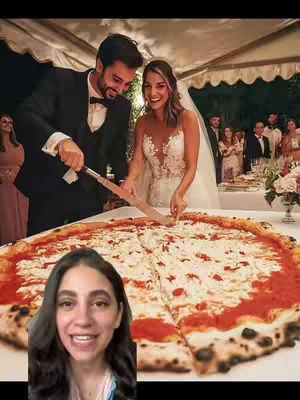 The cover image shows a wedding scene with a large pizza being cut by a bride and groom, and the face of another person is in the bottom center. The couple is in formal attire, and there is a wedding reception setting in the background.