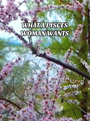 The cover image shows a close-up of a branch of a tree with pink flowers in full bloom. The background is blurred, suggesting a sunny day. Text overlayed on the image reads 'WHAT A PISCES WOMAN WANTS' in a bold, stylized font.