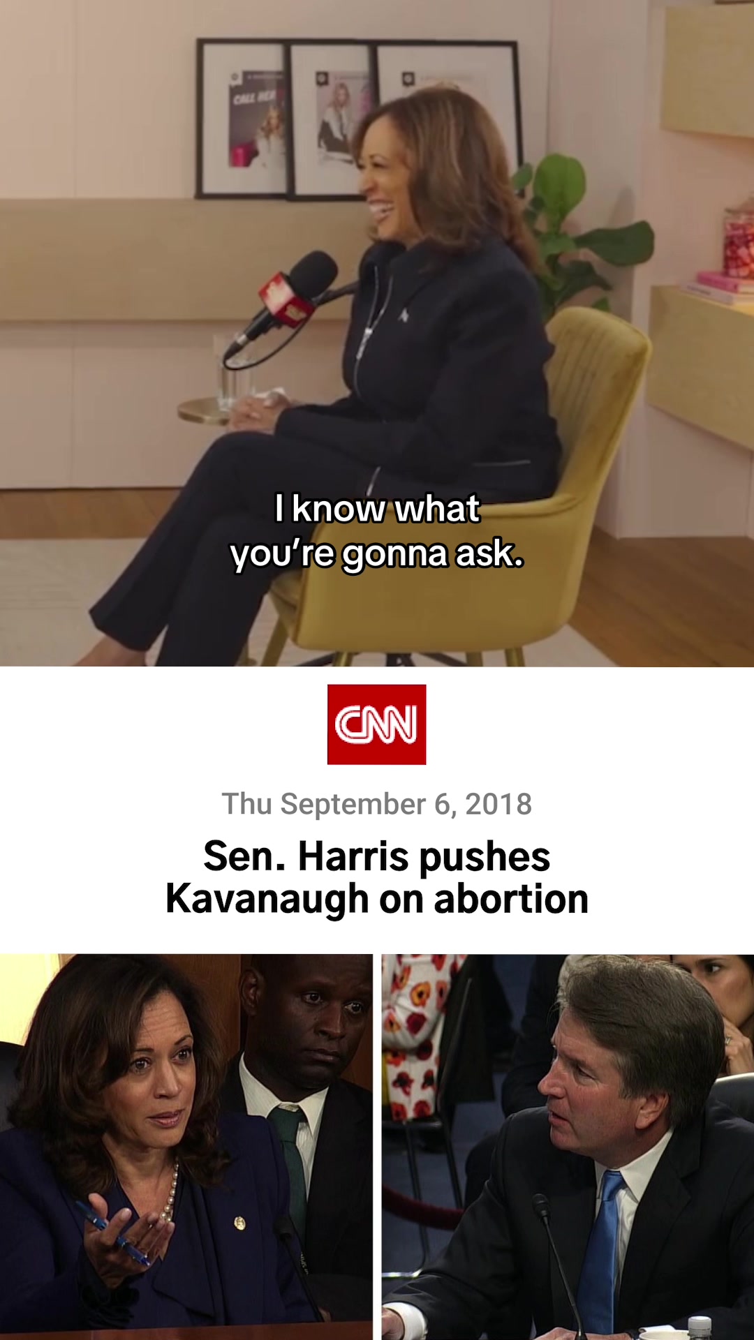 The image shows a seated woman with brown hair speaking into a microphone. The background appears to be an interview setting with a tan wall and abstract art decorations. Text overlays that read "I know what you're gonna ask." are positioned over the image. The CNN logo and text about a political topic is present beneath.