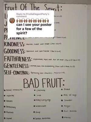 A white poster with handwriting lists items and points related to the Fruit of the Spirit, with a comment overlayed.
