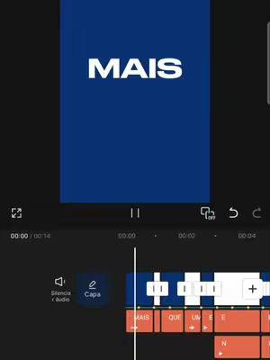 The cover image shows the CapCut interface with multiple text elements in a blue and orange color scheme. The main area is blue, with a white "MAIS" text overlay. At the bottom, there are several orange text boxes, hinting at editable elements or template options. The whole composition is within the video editing app's interface, showing options and a timeline at the bottom.