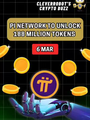 The cover image is a digital graphic featuring a robotic hand holding a Pi Network logo. The logo is a purple 'π' symbol set against a gradient background. Around the logo, there are golden coins. The overall aesthetic is futuristic and tech-focused, with a grid pattern adding depth. Text overlays announce 'PI NETWORK TO UNLOCK 188 MILLION TOKENS' with the date '6 MAR'. The logo "Cleverrobot's Crypto Buzz" is at the top.