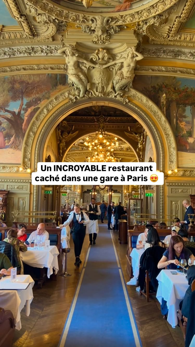 An interior shot of an ornately decorated restaurant with high ceilings, chandeliers, and tables set for dining. A long blue carpet runs down the center, flanked by tables. Waitstaff are seen serving patrons. The background has large paintings.