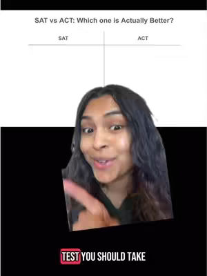 The image is a split screen with the creator in the foreground. The top half of the image displays the text 'SAT vs ACT: Which one is Actually Better?' in a white background with the split labeled 'SAT' and 'ACT'. The bottom half is a black background with the creator front and center. She is pointing towards the right side of the screen with a surprised expression, the color of her finger matches her lips. The text 'TEST YOU SHOULD TAKE' is centered in red with a white outline at the bottom of the image.