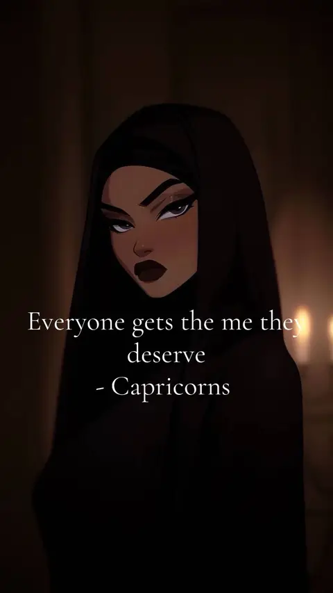 An animated illustration features a woman wearing a black hijab and dark lipstick. The background is a blurred dark brown. Text overlays the image with an emotive quote.