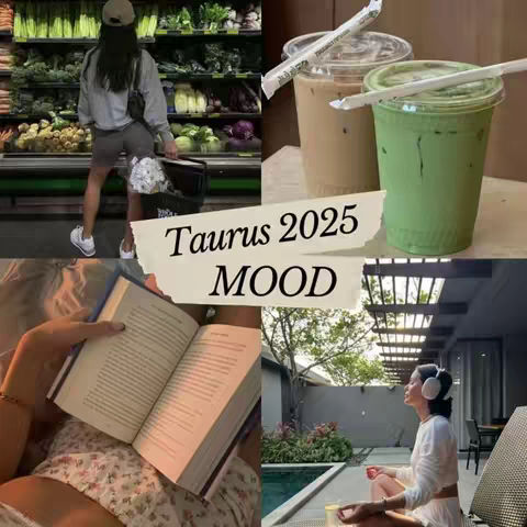 A collage featuring four lifestyle images. Top left shows a woman in shorts and a cap at a grocery store, with a shelf of produce in the background. Top right has two iced drinks with straws. Bottom left shows a person in bed reading a book. Bottom right shows a woman in a white outfit listening to music near a pool.