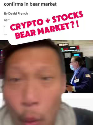 The cover image features a man speaking from a close-up perspective. Overlaid is a speech bubble with the text 'CRYPTO + STOCKS BEAR MARKET?!' in large, red letters. The background is a blurred view, which seems to be inside a stock exchange, with a few people also visible.