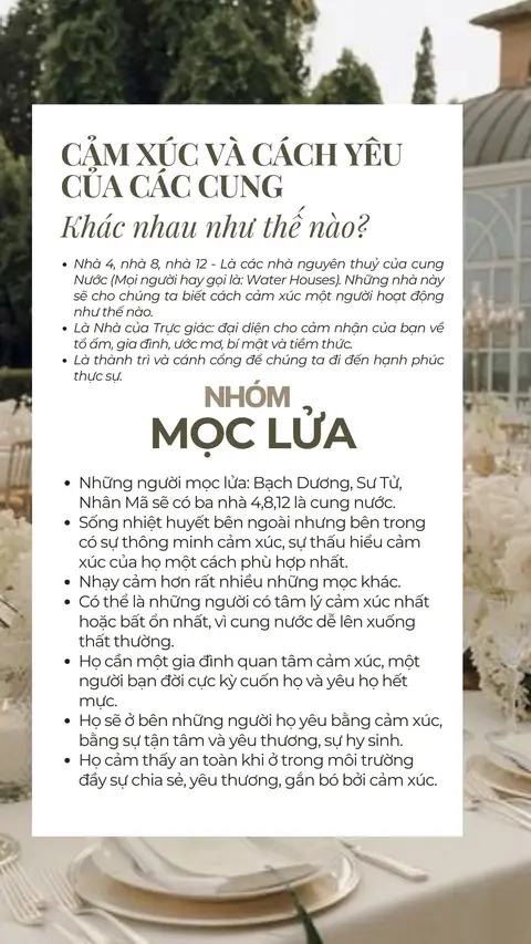 The cover image is formatted as a vertical infographic set against a background of blurred natural elements, possibly greenery. A central white rectangular box is filled with Vietnamese text discussing the emotions and the approach to loving in the context of Zodiac signs. The top part has text, and then it presents information in bullet points of the different signs and their description.