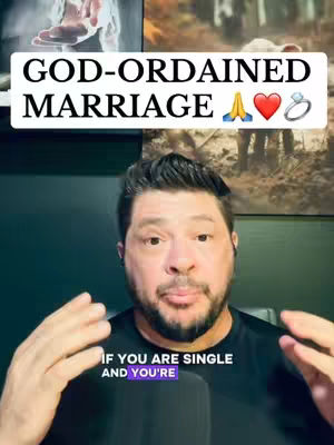 A man with a beard and dark hair is in the center of the frame, set against a blurred background featuring various images. Above him is a white banner with black text and emojis, indicating a religious or spiritual theme. Below the banner, additional text in a purple box complements the message.