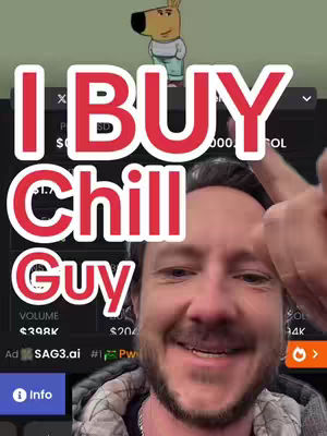The cover image features a man smiling, overlaid with text. A cartoon dog is positioned at the top. The face of a man smiling takes up most of the frame. Overlay text in a large, bold font reads "I BUY Chill Guy."