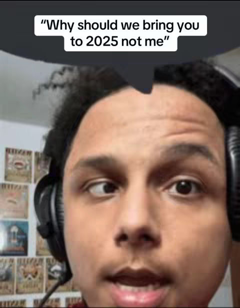 A close-up shot features a young man with dark, curly hair and headphones. His eyes are looking off to the side, and a speech bubble above his head contains text. The background behind him has posters.