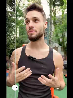 A man in a black tank top stands outdoors, gesturing with his hands. The image is split vertically, with a before-and-after comparison of an image enhancement tool displayed on either side. Text overlays indicate the tools used.