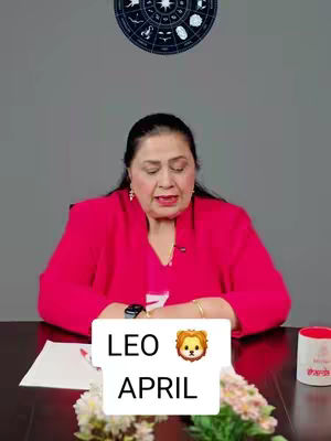 A woman in a red blazer sits at a desk with a floral arrangement and a white notepad. A zodiac wheel hangs above her. A white rectangle with the text 'LEO' and a lion emoji, followed by 'APRIL,' overlays the scene.