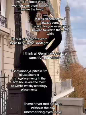 A woman in a black dress stands with the Eiffel Tower in the background, with text overlays detailing astrological placements.
