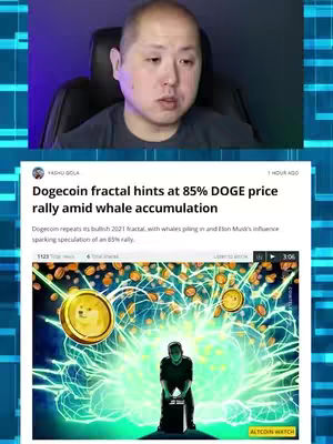 A man is sitting in the top portion of the screen. Overlayed in the lower portion is a screenshot of a news article with a vibrant illustrated background featuring a figure in silhouette and Dogecoin symbols. The man is speaking directly to the camera.