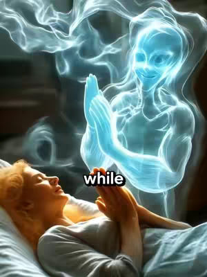 A woman lies in bed, eyes closed, hands clasped in prayer. An ethereal blue figure, seemingly an angel, hovers behind her, also with hands clasped in prayer. Text overlayed reads "while".