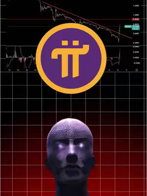 The cover image features a digital rendering of a person's face made up of small, connected dots. Behind the face is a grid that goes from dark red to black. Above the head is a Pi symbol in yellow over a purple circle. Behind the pi symbol is a stock chart with a downward trend line.