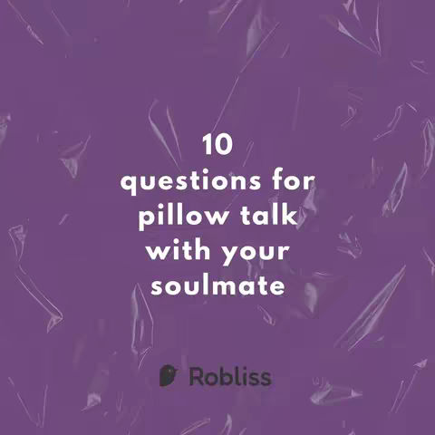The image has a purple background with a textured appearance, possibly representing crumpled plastic wrap. Centered on the image is white text that reads '10 questions for pillow talk with your soulmate'. Below this text is the logo of Robliss, a black bird icon next to the text 'Robliss'.