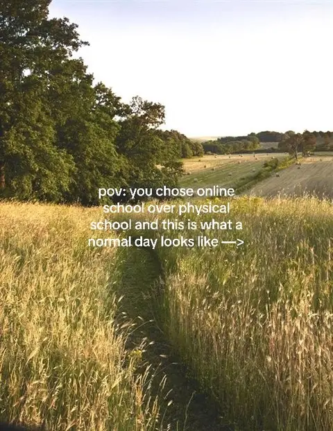 A photo of a field with tall grass and a path cutting through it. In the background there are trees and some hay bales. The sky is overcast, but the overall feel is bright. The text overlay reads, 'pov: you chose online school over physical school and this is what a normal day looks like ->'