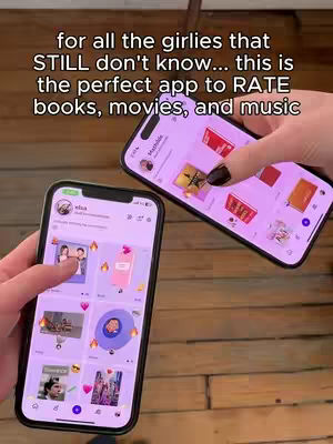 A person's hands holding two smartphones. The left phone displays an app interface with multiple icons, while the right phone shows a similar interface at a different view. Overlaid text suggests the app is useful for rating books, movies, and music.