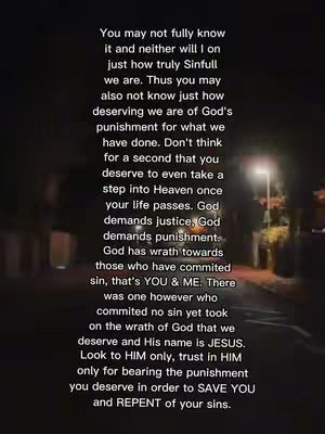 A vertical image showing a dark street scene with a long passage, faint streetlights, and text overlayed. The text emphasizes religious themes.