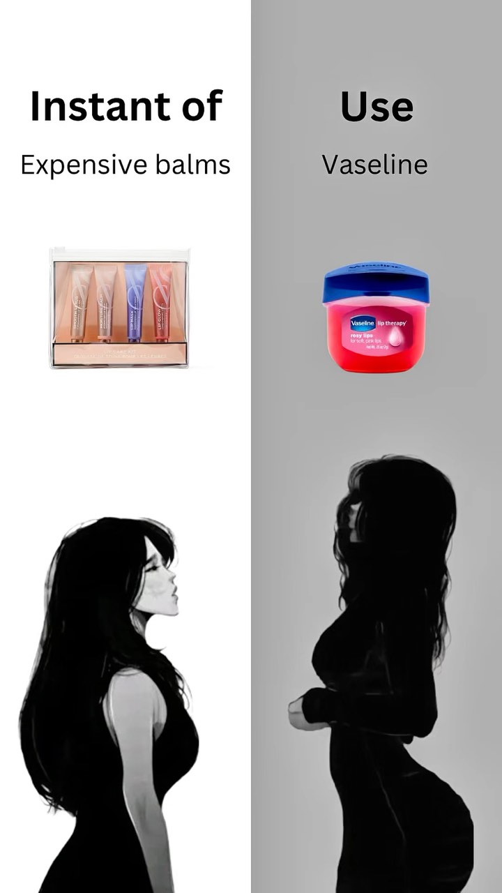 The cover image is split in half vertically. The left side displays side profiles of a woman, along with the text "Instant of Expensive balms." Four lip balm containers are shown on a white table in the top left corner. The right side features an image of a tub of Vaseline, along with the text "Use Vaseline." A silhouette of a woman is also featured. The background is plain and the color palette is black, white and gray.