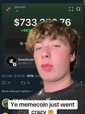 A young man, mid-shot, is in the frame. He is looking slightly off-center towards the viewer. Behind him is a screen capture of a Twitter-like interface. The background screen has a deep green color and displays numerical values and other information. The overlayed screen shows a cryptocurrency account with a total amount listed in large white numbers, along with trending topic details. The creator is wearing a dark colored shirt. Overlaid text is also visible at the bottom of the screen, in a black box with white text stating that a memecoin just went crazy.