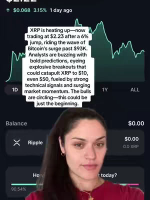A woman with dark hair looks directly at the camera with a serious expression. Behind her is a blurred display with financial data and text regarding the cryptocurrency XRP.