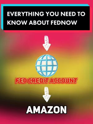 The image presents an infographic about FedNow. The top section features a dark teal bar holding white text. Below that an arrow leads to a globe. Under the globe appears the text 'FED CREDIT ACCOUNT' in red. Another arrow points towards the word 'AMAZON' in white text. The background has a gradient of red, yellow and pink.