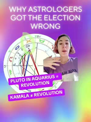 A vertical cover image with a gradient background of purples and greens. In the center is a circular astrology chart with various symbols and lines. A woman with short red hair is partially visible on the right, gesturing with her hand. Overlaid, are text boxes in a bright pink. The main text is in white, bold letters.