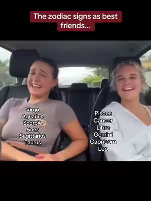 Two women are seated in the front seats of a car and smiling, with text overlays. The background seems to be outdoors, possibly a street, indicated by window and car interior.