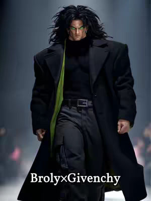 An AI-generated image of a Dragon Ball Z character Broly styled in fashionable Givenchy clothing. Broly stands confidently, wearing a long black coat, a black turtleneck and cargo pants. The image has a fashion show aesthetic with soft lighting and a slightly blurred background.