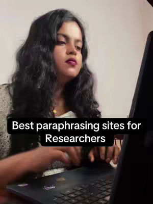 A young woman with long, dark wavy hair is seated and working on a laptop. Text overlay reads 'Best paraphrasing sites for Researchers'. The background is a plain, light-colored wall and the lighting appears to be soft.