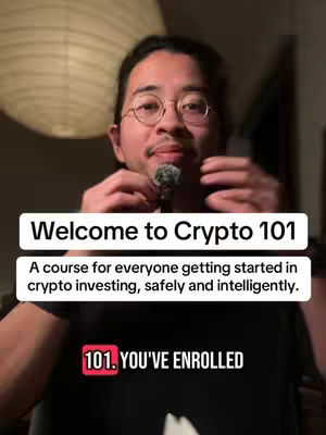 The cover image features a man with glasses in front of a dark background. Text overlays include 'Welcome to Crypto 101' and a course description.