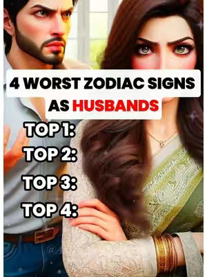 The cover image is a composite featuring two AI-generated figures set against a blurred background. The main focus is on a man and a woman, the man on the top left looks serious. The woman on the right side has long brown hair and a light green dress, with bold eye makeup. A white rectangle with text overlayed on the image, it listed "4 WORST ZODIAC SIGNS AS HUSBANDS" across. Below this are numbered list: TOP 1:, TOP 2:, TOP 3:, TOP 4:, overlayed on the image.