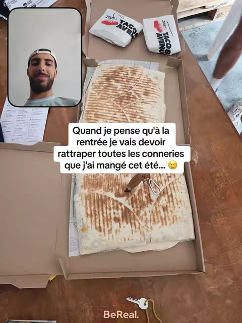 The cover image is a split view with a selfie on the left inside a rounded frame and a box of food on the right, with text about summer eating habits overlaid on top of the food. The man in the selfie is wearing a white cap and has a beard. The box contains what appears to be a wrap filled with ingredients, like a taco. There are two small packages and the BeReal logo visible below.