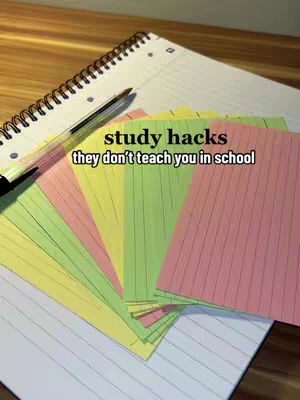 A cover image showing a notebook and colorful sticky notes. The notebook is open, with a pen resting on its pages.  A fan of colorful sticky notes covers a portion of the notebook's pages. Text overlayed on the image reads 'study hacks they don't teach you in school'.