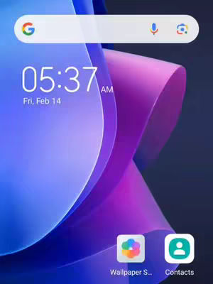 The cover image is a screenshot of a mobile phone's home screen. The background showcases abstract, flowing shapes in shades of blue and purple. At the top is a search bar with a Google logo on the left and microphone and camera icons on the right. In the center, the time 05:37 AM and the date Fri, Feb 14 are displayed. The bottom row features app icons including a colorful icon and one labeled "Contacts."
