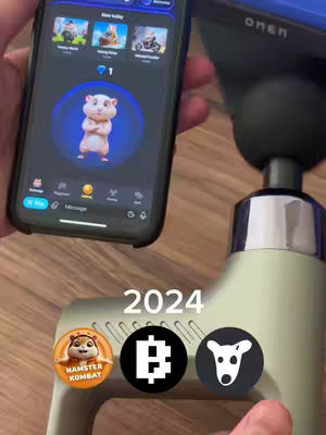 A hand holding a smartphone displaying an app with a cartoon hamster character. Below the phone is a green device with the word '2024' in white text, along with three icons.