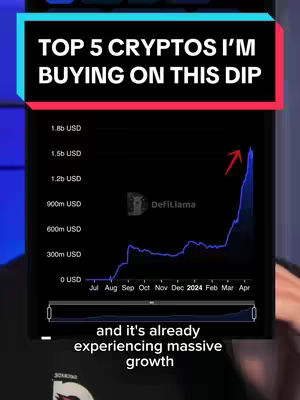 The cover image presents a chart showcasing the growth of a cryptocurrency. The chart displays a line graph against a dark background with the Y-axis representing the currency value in USD and the X-axis showing months from July to April of the following year. A red arrow points upwards, emphasizing the growth trend. At the top is a text-filled banner against a colorful backdrop, and at the bottom of the frame appears another text overlay. The chart is from the app DefiLlama. The image is framed to include a part of a person's hand.